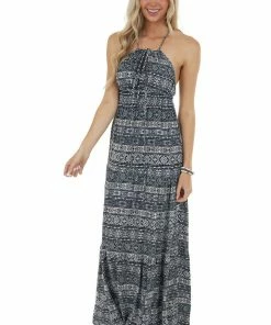 ROKOKO Dresses Charcoal And Ivory Abstract Print Maxi Dress