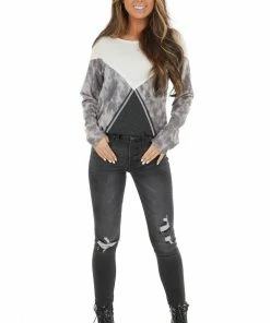 7th Ray Charcoal And Ivory Colorblock Long Sleeve Knit Top Tops