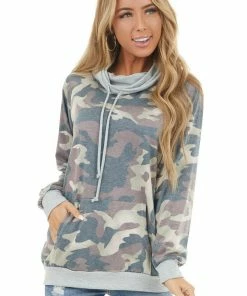 Haptics Tops Charcoal And Sienna Camo Print Hoodie With Kangaroo Pocket