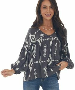 BucketList Tops Charcoal Aztec Print V Neck Flowy Blouse