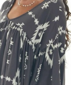 BucketList Tops Charcoal Aztec Print V Neck Flowy Blouse