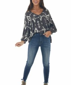 BucketList Tops Charcoal Aztec Print V Neck Flowy Blouse