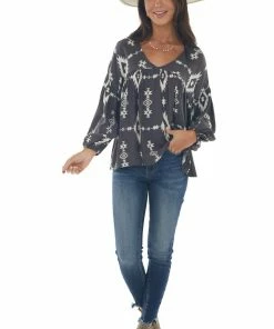 BucketList Tops Charcoal Aztec Print V Neck Flowy Blouse