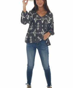 BucketList Tops Charcoal Aztec Print V Neck Flowy Blouse