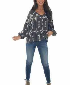 BucketList Tops Charcoal Aztec Print V Neck Flowy Blouse
