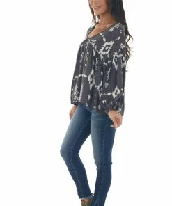 BucketList Tops Charcoal Aztec Print V Neck Flowy Blouse
