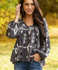 BucketList Tops Charcoal Aztec Print V Neck Flowy Blouse