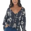 BiBi Tops Charcoal Aztec Print Wide V Neck Knit Top