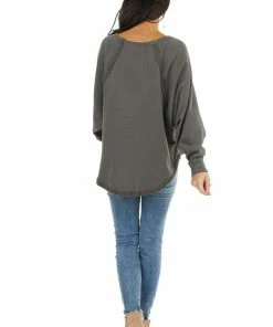 BucketList Charcoal Bat Wing Knit Top With Raw Reverse Stitch Details 24 BucketList Charcoal Bat Wing Knit Top With Raw Reverse Stitch Details