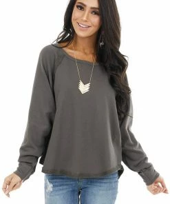 BucketList Charcoal Bat Wing Knit Top With Raw Reverse Stitch Details