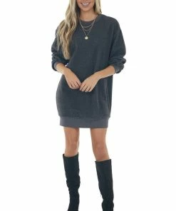 HYFVE Charcoal Brushed Knit Sweatshirt Short Dress Dresses