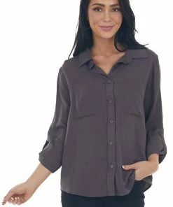 143 Story Charcoal Button Down Chest Pocket Collared Shirt