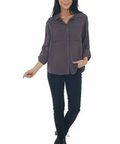 143 Story Charcoal Button Down Chest Pocket Collared Shirt