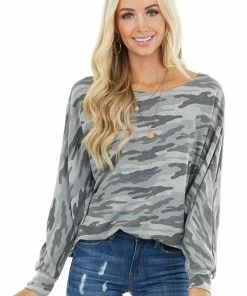 BiBi Tops Charcoal Camo Print Long Dolman Sleeve Knit Top