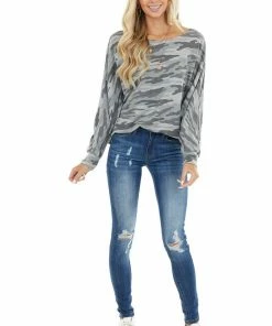 BiBi Tops Charcoal Camo Print Long Dolman Sleeve Knit Top