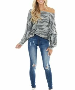 BiBi Tops Charcoal Camo Print Long Dolman Sleeve Knit Top