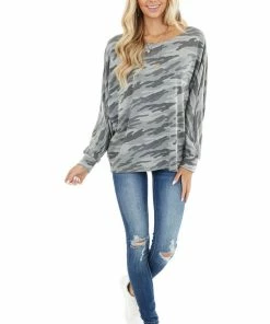 BiBi Tops Charcoal Camo Print Long Dolman Sleeve Knit Top