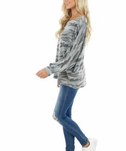 BiBi Tops Charcoal Camo Print Long Dolman Sleeve Knit Top