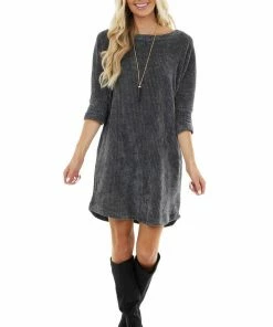 First Love Charcoal Chenille Knit Sweater Dress With 3/4 Dolman Sleeves