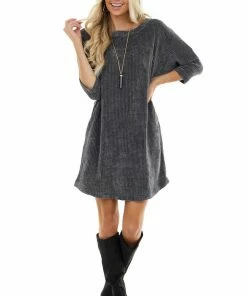 First Love Charcoal Chenille Knit Sweater Dress With 3/4 Dolman Sleeves