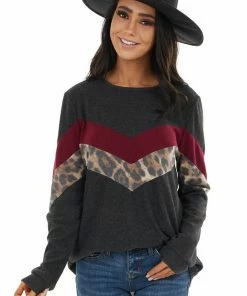 CY Fashion Charcoal Chevron Knit Top With Leopard Print Contrast