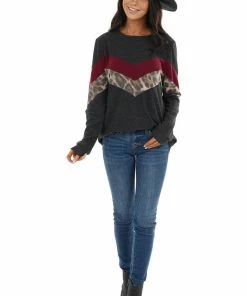 CY Fashion Charcoal Chevron Knit Top With Leopard Print Contrast