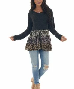 143 Story Charcoal Colorblock Drop Waist Long Sleeve Top