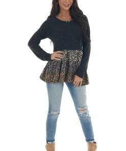 143 Story Charcoal Colorblock Drop Waist Long Sleeve Top