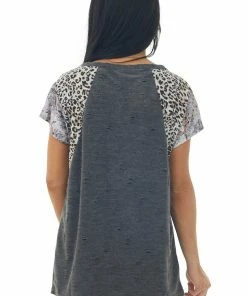 BiBi Tops Charcoal Distressed Animal Print Sleeve Top