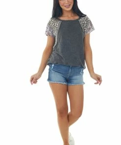 BiBi Tops Charcoal Distressed Animal Print Sleeve Top