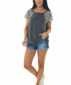 BiBi Tops Charcoal Distressed Animal Print Sleeve Top