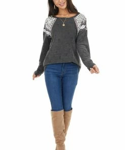 BiBi Charcoal Distressed Top With Leopard And Snake Print Tops