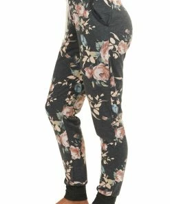 7th Ray Charcoal Floral Print Jogger Sweatpants With Pocket Details
