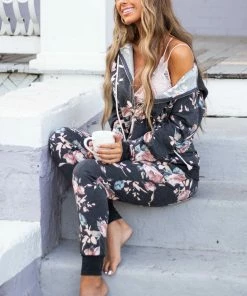 7th Ray Charcoal Floral Print Jogger Sweatpants With Pocket Details