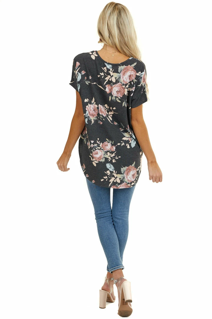 BOMBOM Tops Charcoal Floral Print Short Sleeve Top With Rounded Hemline 9 BOMBOM Tops Charcoal Floral Print Short Sleeve Top With Rounded Hemline