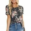 BOMBOM Tops Charcoal Floral Print Short Sleeve Top With Rounded Hemline