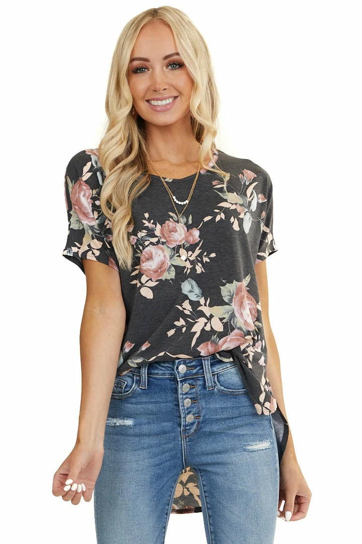 BOMBOM Tops Charcoal Floral Print Short Sleeve Top With Rounded Hemline 3 BOMBOM Tops Charcoal Floral Print Short Sleeve Top With Rounded Hemline
