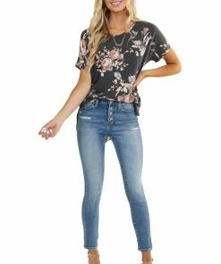 BOMBOM Tops Charcoal Floral Print Short Sleeve Top With Rounded Hemline 20 BOMBOM Tops Charcoal Floral Print Short Sleeve Top With Rounded Hemline