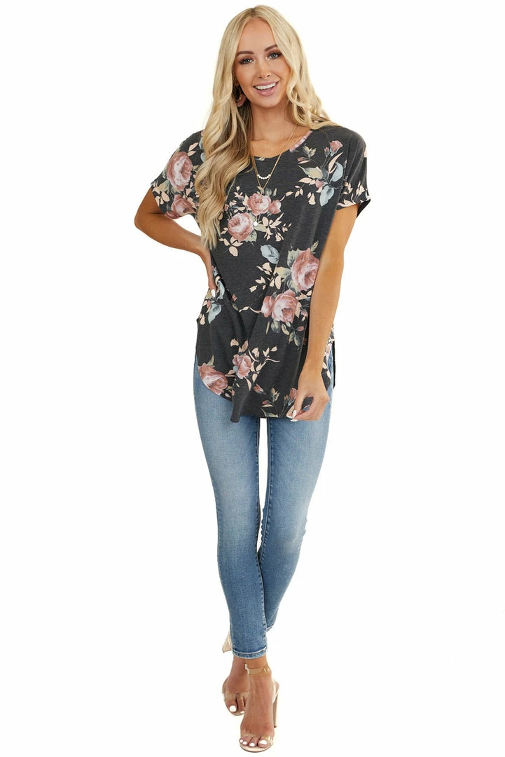 BOMBOM Tops Charcoal Floral Print Short Sleeve Top With Rounded Hemline 7 BOMBOM Tops Charcoal Floral Print Short Sleeve Top With Rounded Hemline