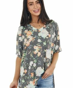 Lovely J Charcoal Grey Floral Print V Neck Top With Short Sleeves Tops