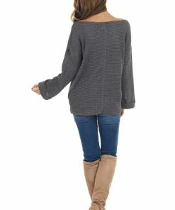 Jodifl Charcoal Grey Waffle Knit Notch Neck Top With Loose Sleeves Tops