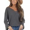 Jodifl Charcoal Grey Waffle Knit Notch Neck Top With Loose Sleeves Tops