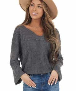 Jodifl Charcoal Grey Waffle Knit Notch Neck Top With Loose Sleeves Tops