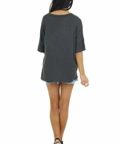 Vanilla Bay Tops Charcoal Half Sleeve Knit Top With Chest Cut Outs