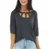 Vanilla Bay Tops Charcoal Half Sleeve Knit Top With Chest Cut Outs