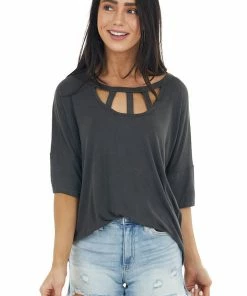 Vanilla Bay Tops Charcoal Half Sleeve Knit Top With Chest Cut Outs