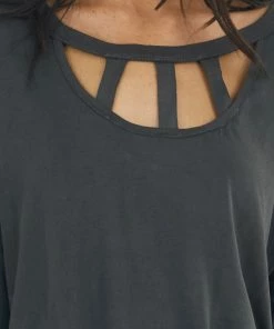 Vanilla Bay Tops Charcoal Half Sleeve Knit Top With Chest Cut Outs