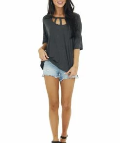 Vanilla Bay Tops Charcoal Half Sleeve Knit Top With Chest Cut Outs