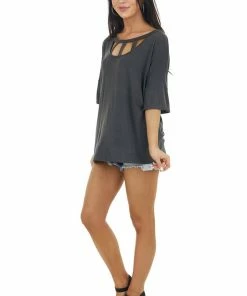 Vanilla Bay Tops Charcoal Half Sleeve Knit Top With Chest Cut Outs