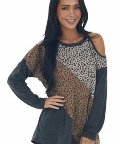 Now N Forever Charcoal Leopard Print Cold Shoulder Top